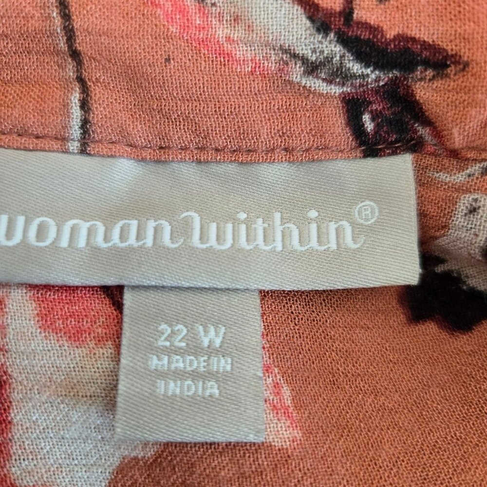 Woman Within Dark Peach Floral Print Dress 22W Roll Tab Sleeves Button Front - Picture 12 of 14